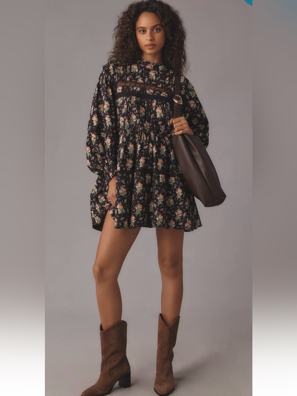 Anthropologie Pilcro Floral Long-sleeve Mock-neck Swing MiniDress size M black